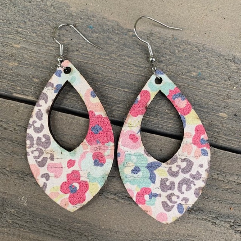 Floral Leopard Cork Teardrop Earring